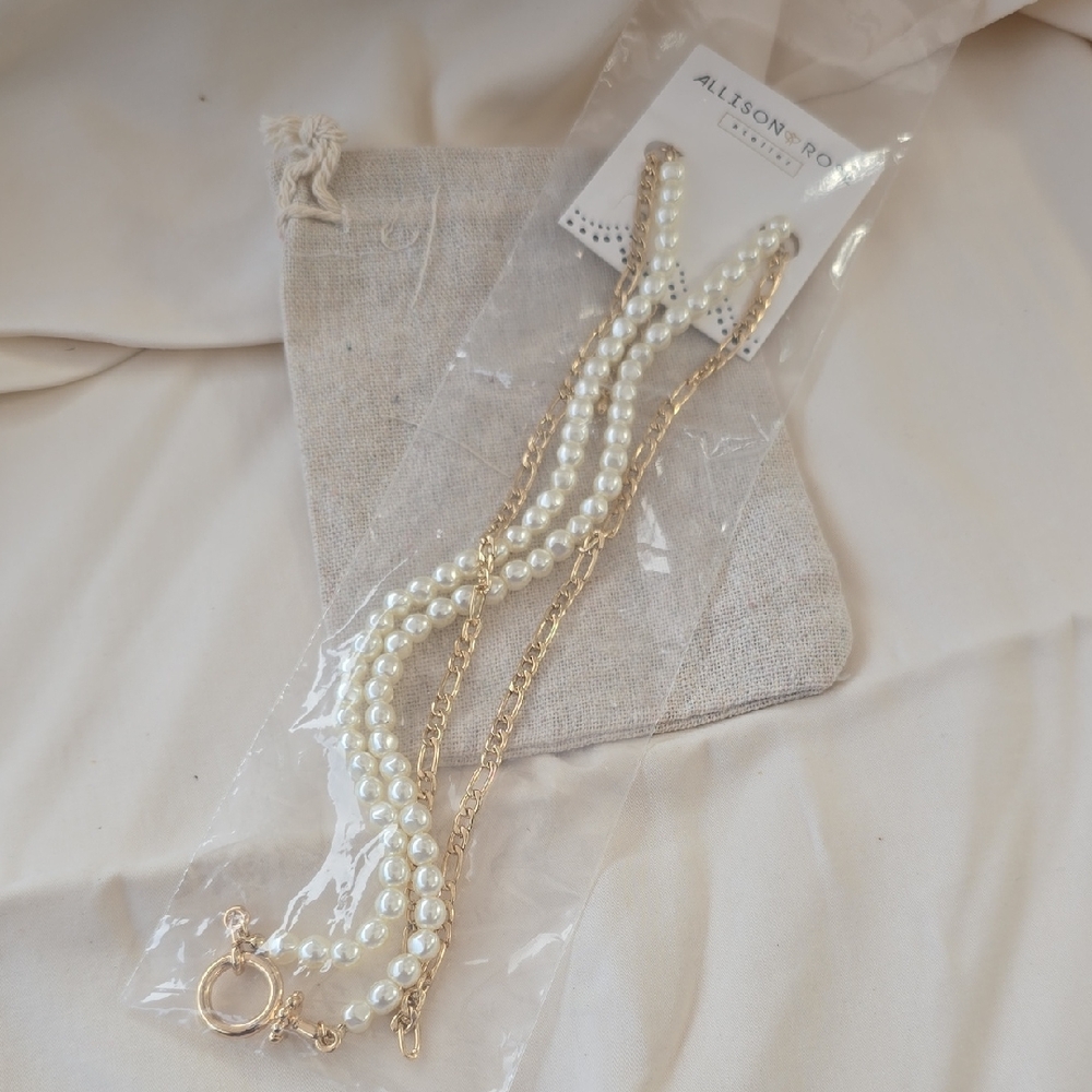 Allison Rose Pearl & 16k Gold Plated Chain Necklaces 2 Attached Or Separate New